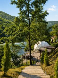 a pathway next to a lake with a tent and a tree at Glamping Drina Riverzone in Goražde