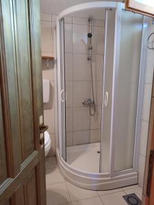 a shower with a glass door in a bathroom at Lada Bojana in Ulcinj