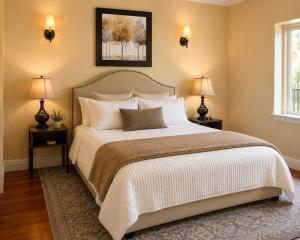 a bedroom with a large bed with two lamps at Private Master suite with Sauna and Bathtub in Fair Oaks