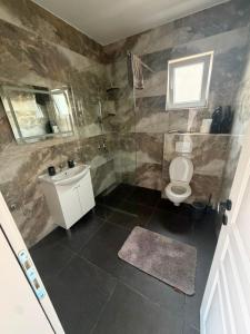 a bathroom with a shower and a toilet and a sink at AD Homes in Ravanj