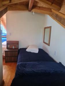 a bedroom with a blue bed and a mirror at Cabaña Baño de bosque in Coscotitlán