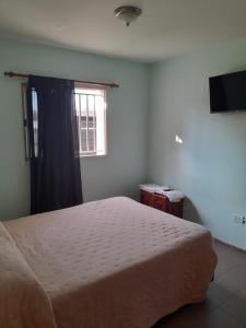 a bedroom with a bed and a window and a television at Casa en La Punta in La Punta