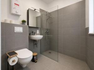 a bathroom with a toilet and a sink and a shower at Zum Rheinberg Rhein Studio in Braubach +17 photos