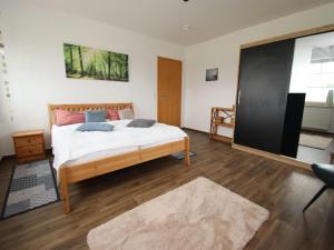 a bedroom with a large bed and a tv at Appartement im Seedomizil Kummerow in Kummerow