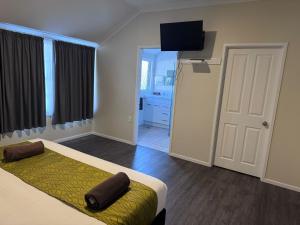 a bedroom with a bed and a flat screen tv at Anglesea Motel and Conference Centre in Hamilton +41 photos