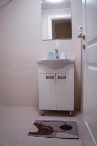 a bathroom with a sink and a mirror and a rug at T&M Apartman Premium 2 in Paraćin +9 photos