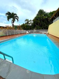 a large blue swimming pool next to a fence at Aqua vista appartement in Le Marin +8 photos