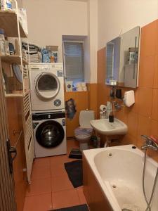 a bathroom with a washing machine and a sink at Druhý domov in Podmokly