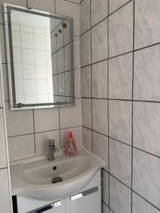 a bathroom with a sink and a mirror at Silkes FeWo in Sollstedt +18 photos