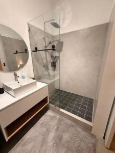a bathroom with a sink and a shower at La Casa Floréal in Curepipe