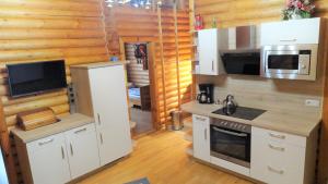 een keuken met witte kasten en een fornuis met oven bij Blockhaus-Bärnkopf in Bärnkopf