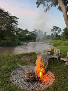 a fire pit in the grass next to a bench at At the river campsite in Kihihi