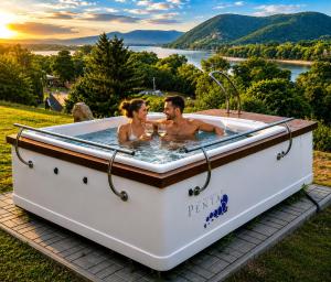 a man and woman in a bathtub with a view at Riverside Forest Prestige in Chlʼaba
