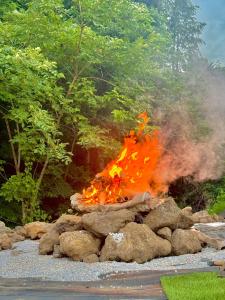 a large fire pit with rocks and trees at 民宿 浪漫 in Fujikawaguchiko
