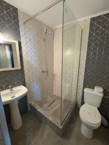 a bathroom with a shower and a toilet and a sink at Amalya in Constanţa +8 photos