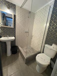 a bathroom with a shower and a toilet and a sink at Amalya in Constanţa