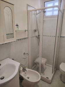 a bathroom with a shower and a toilet and a sink at le macchie in Lido degli Estensi +6 photos