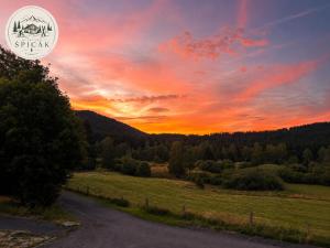a road leading into a field with a sunset at Apartmán Špičák in Špičák +3 photos