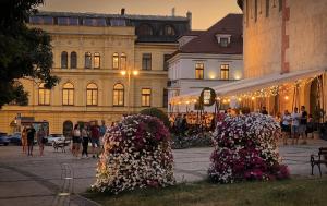a group of flowers in front of a building at Black Lotus 1 I Downtown Apartment I Free Parking I 24hr Access in Banská Bystrica +12 photos