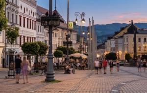 a group of people walking on a city street at Black Lotus 1 I Downtown Apartment I Free Parking I 24hr Access in Banská Bystrica