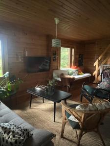 a living room with a couch and a table at Private Riverside Cabin, Utajärvi in Korhola