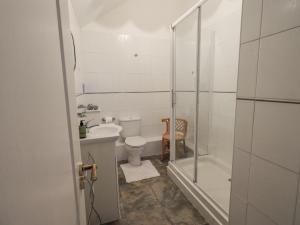 a bathroom with a shower and a toilet and a sink at Millers Cottage in Wigton