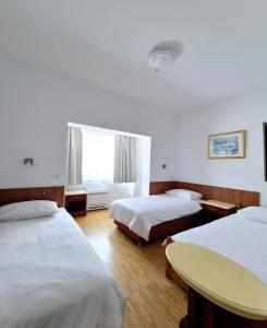 a hotel room with two beds and a window at Hotel Jelena in Brnaze