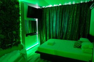 a green room with a bed and a window with curtains at Elma Nest in Drobeta-Turnu Severin +4 photos