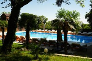a swimming pool with lounge chairs and palm trees at Wald Hotel N1 Building in Lagodekhi