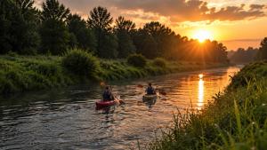 two people in kayaks on a river at sunset at Danielówka in Ciemiętniki