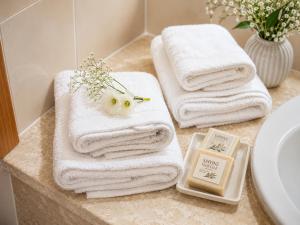 a bathroom with towels on a counter next to a sink at Quiet Home in Pula