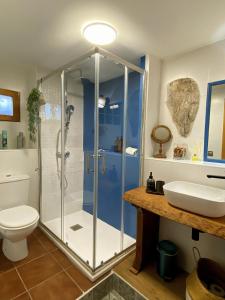 a bathroom with a shower and a toilet and a sink at Legendarium Casa Rural in Salamón