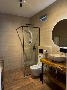 a bathroom with a toilet and a sink and a mirror at Villa Ulu Piqeras in Piqeras +29 photos