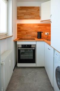 a kitchen with a stove and a dishwasher at Seeblick Apartment Meersburg in Meersburg