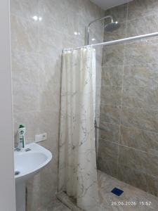 ein Badezimmer mit Duschvorhang und Waschbecken in der Unterkunft Coldo in Bosteri