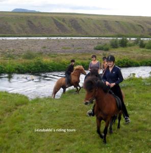 a group of people riding horses by a river at Hotel Leirubakki in Hella
