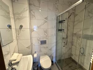 a bathroom with a shower and a toilet and a sink at Kłabuk in Białka Tatrzańska +46 photos