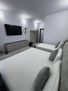 ein Schlafzimmer mit zwei Betten und einem Flachbildfernseher in der Unterkunft Hotel Daly in Ploieşti