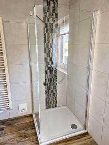 a shower with a glass door in a bathroom at Modern apartment with balcony & panoramic view in Tirschenreuth +4 photos