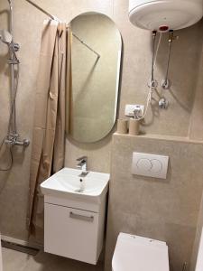 a bathroom with a sink and a mirror and a toilet at Lola Sutomore in Sutomore