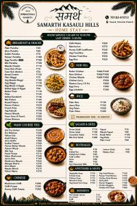 a menu of the masala kazakh hills restaurant at Samarth Kasauli Hills Bed & Breakfast 2 km from Mall Road in Kasauli
