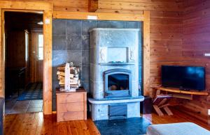 a living room with a fireplace and a tv at Mökki Kalliola in Puumala