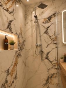 a bathroom with a shower with a glass at Le Bonbon in Trevignano Romano