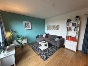 a living room with a couch and a book shelf at Le Papillon in Hotton