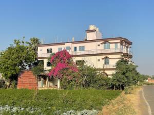 a building with a flowering tree in front of it at Senamura Yoga Ashram Guesthouse in Bodh Gaya