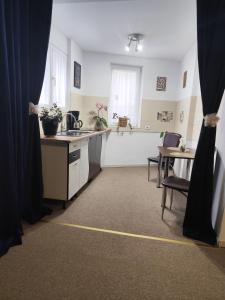 a kitchen with a sink and a table at La Daniela in Făgăraş
