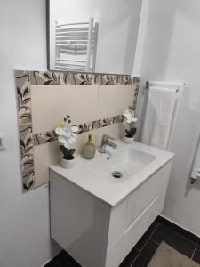 a white bathroom with a sink and a mirror at La Daniela in Făgăraş