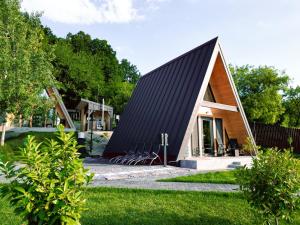 a small house with a black roof at Andrei's Refugium in Ocnele Mari