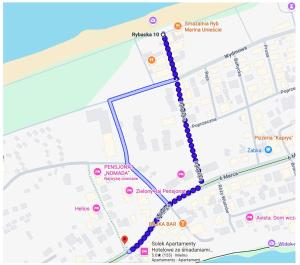 a map of a subway line with a blue trail at Tawerna Michałowscy in Mielno