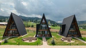 a building with three triangular roofs in a field at Pensiunea La Bella Vista in Poiana Negrii